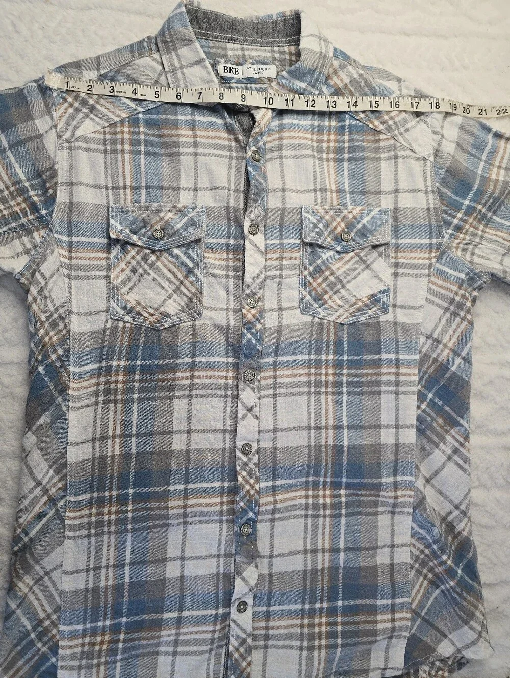 BKE Plaid Button-up Shirt Blue Gray Flannel Cotton Athletic Fit Western L